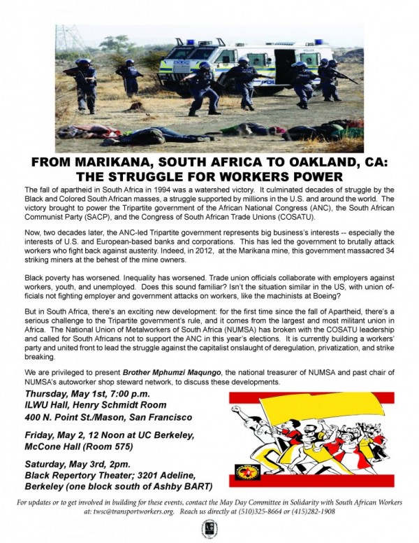 From Marikana, South Africa to Oakland: Building the Struggle. @ ILWU Local 10 Union Hall, Henry Schmidt Room | San Francisco | California | United States