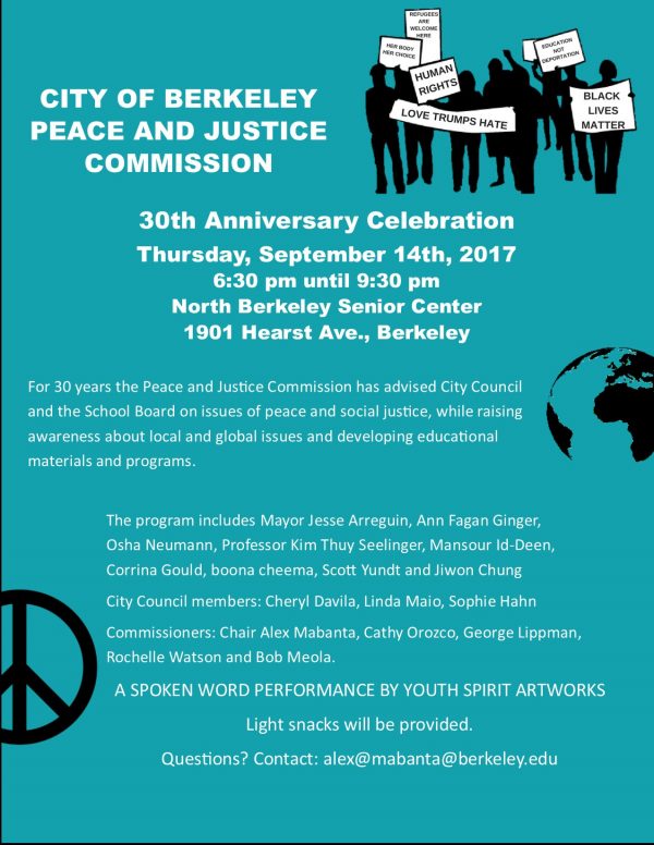 30th Anniversary of Berkeley's Peace and Justice Commission @ North Berkeley Senior Center | Berkeley | California | United States